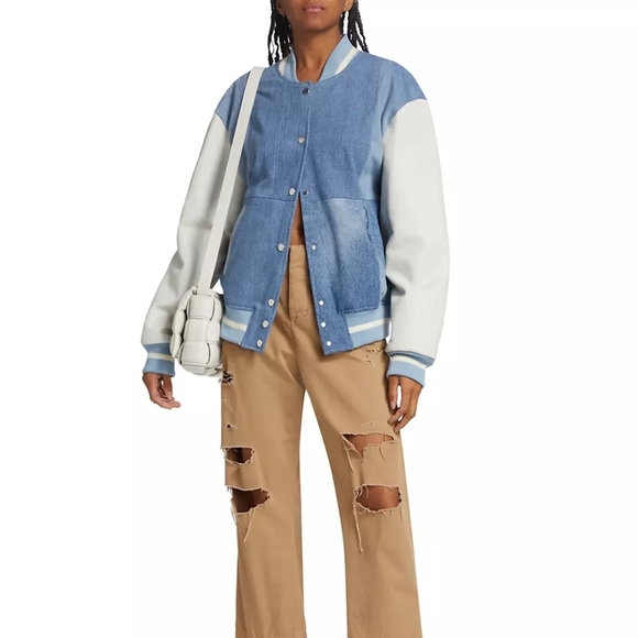 EB Denim Denim & Leather Colorblock Varsity Jacket size M NWT